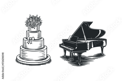 Ornate Grand Piano and Tiered Wedding Cake. Vector hand drawn illustration