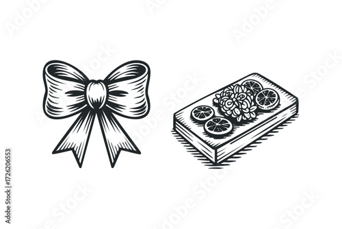 Woodcut Style Food Presentation with Citrus Slices and Salad. Vector hand drawn illustration