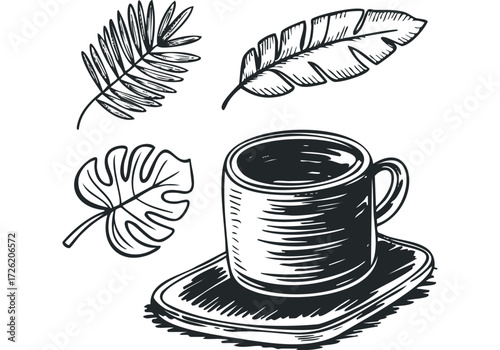 Hand drawn coffee cup with tropical leaves. Vector hand drawn illustration