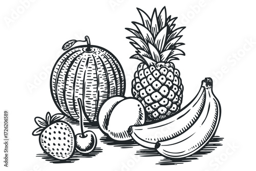 Hand Drawn Assortment of Fresh Fruit Medley. Vector hand drawn illustration