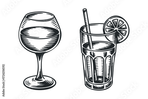 Two glasses with beverages and straw. Vector hand drawn illustration