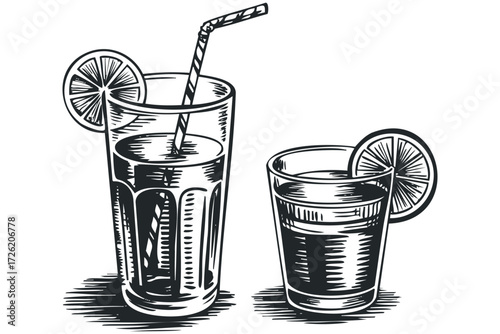 Two glasses with citrus slices and straws. Vector hand drawn illustration