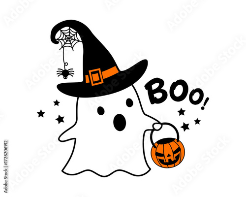 Cute Halloween ghost with witch hat and pumpkin bucket saying boo, perfect for holiday decorations and spooky fun