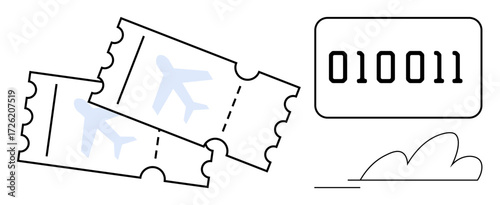 Two airplane tickets with a binary code beside them and a cloud element. Ideal for travel, digital transformation, online booking, programming, aviation, innovation, and technology. A simple flat