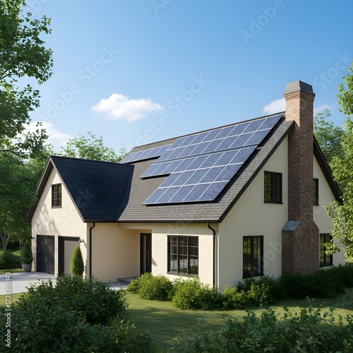 Wallpaper Mural Beautiful family home with modern solar panels and lush landscaping under a bright blue sky on a sunny day Torontodigital.ca