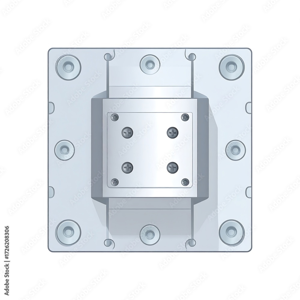 Fototapeta premium Square metallic component with a central block and peripheral mounting holes