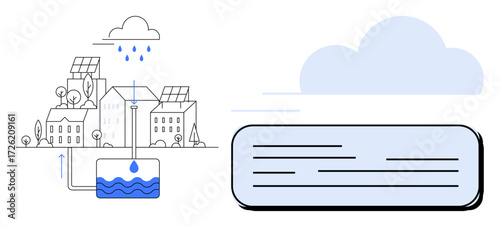 Rainwater collected from rooftops of solar-powered buildings stored in underground reservoirs for reuse. Ideal for sustainability, urban water management, renewable energy, eco-friendliness