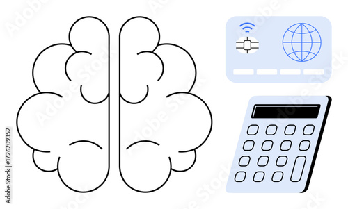 Brain outline next to network-embedded chip card, calculator, and digital globe. Ideal for technology, innovation, data processing, artificial intelligence, creativity finance education. Simple