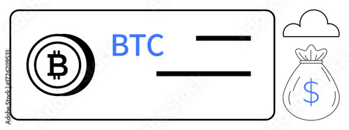 Bitcoin token and BTC text inside digital card interface, money bag symbol, and cloud icon. Ideal for cryptocurrency, blockchain, digital payment, finance, investment fintech savings. Simple flat
