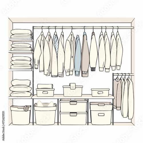Organized wardrobe illustration with clothes, shelves, and storage boxes in minimalistic style