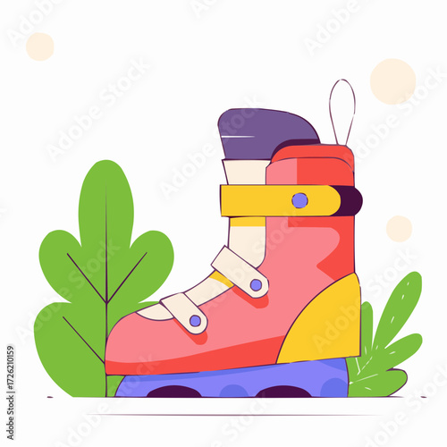 Colorful roller skate illustration with a vibrant design and leafy background.