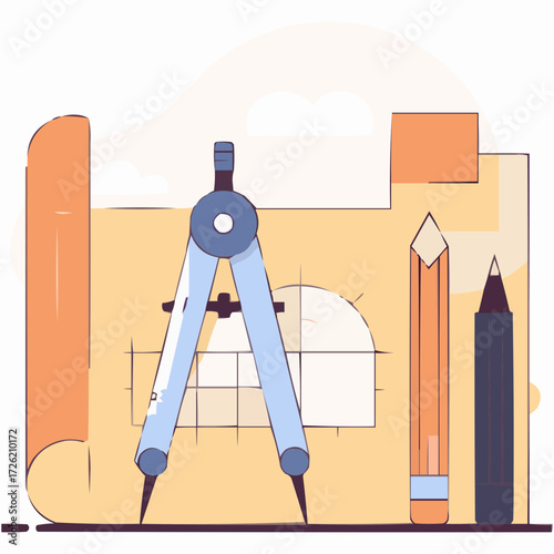 Drafting tools illustration including a compass, pencil, and ruler on a drawing plan background.
