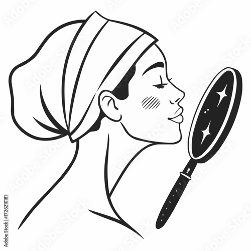 Beauty treatment illustration of a woman with a towel on her head admiring herself in a mirror.