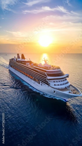 Luxury cruise ship sails on the blue sea during a vibrant sunset, casting a golden light over the ocean and the vessel.