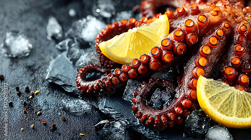 Cooked octopus tentacles with lemon slices and ice on a dark surface.