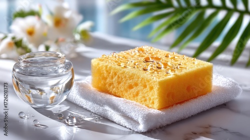 Spa Sponges on White Towel with Floral and Green Leaf Background in Bright Cinematic Lighting