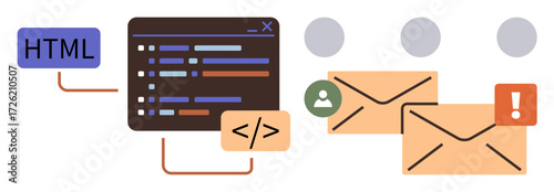 Coding window with HTML tag, developer tools, envelopes, notification alert, user profile. Ideal for email integration, web development, automation tools, communication coding notifications