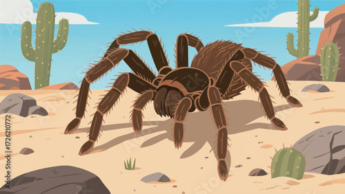 Illustration Of A Large Brown Hairy Tarantula Walking On The Desert Vector Design Template
