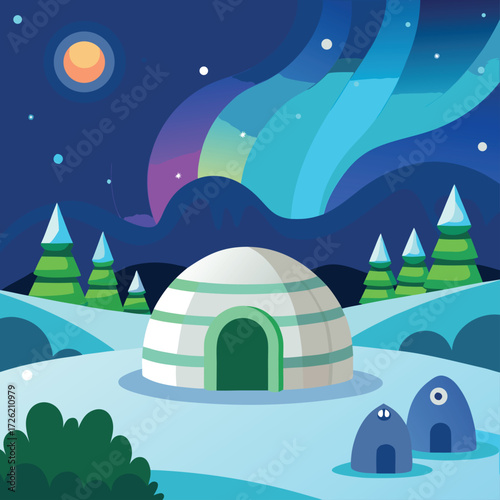 cartoon igloo village under northern lights in arc (1).eps