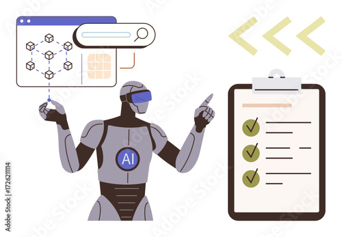 AI robot pointing at data screen and checklist, symbolizing data analysis, automation, process optimization, technological progress. Ideal for AI, robotics, innovation, workflow technology