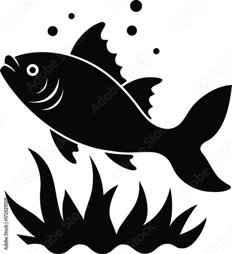 algae fish jumping black silhouette vector on whit.eps