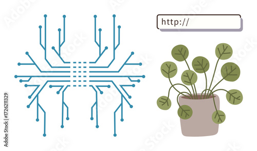 Minimalistic plant in a pot, circuit board structure, and web browser URL field representing the blend of nature, technology, and connectivity. Ideal for innovation, sustainability, eco-tech, digital