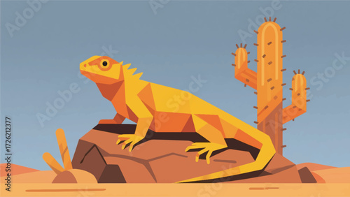 Illustration Of A Yellow-Orange Uromastyx Sunbathing On A Rock With Cactus Surrounding It Vector Design Template