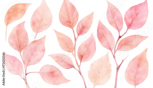 Pink Watercolor Leaves Botanical Illustration Set on White Background