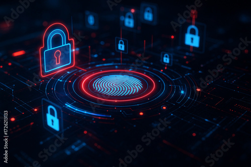 AI generated glowing fingerprint hologram with padlock icons and circuit design symbolizing biometric authentication data protection and cybersecurity in futuristic digital technology