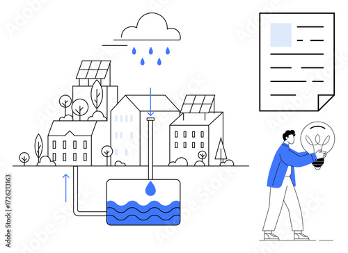 Rainwater collection system diagram with urban solar-powered homes and man holding a glowing bulb, symbolizing sustainability and innovation. Ideal for environment, water conservation, energy
