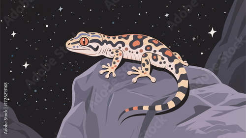 Illustration Of A Small, Uniquely Patterned Gecko Crawling On A Rock Against A Starry Night Sky Vector Design Template