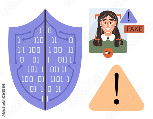 Shield with binary code, facial recognition warning, fake alert icon, and caution triangle. Ideal for cybersecurity, fraud prevention, facial recognition, AI ethics, technology risks privacy simple
