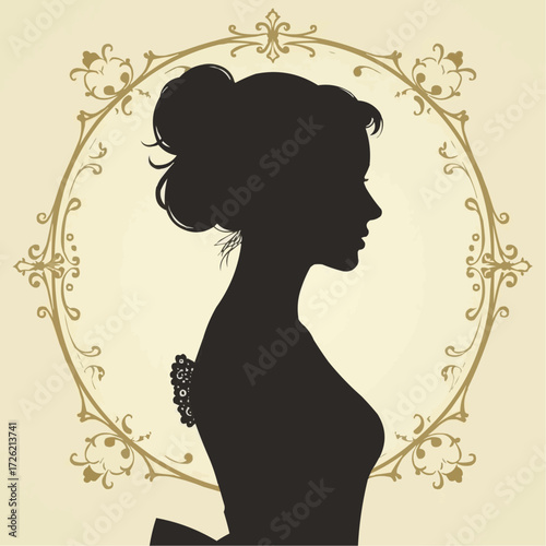 Elegant silhouette of a woman framed by ornate decorative elements in vintage style