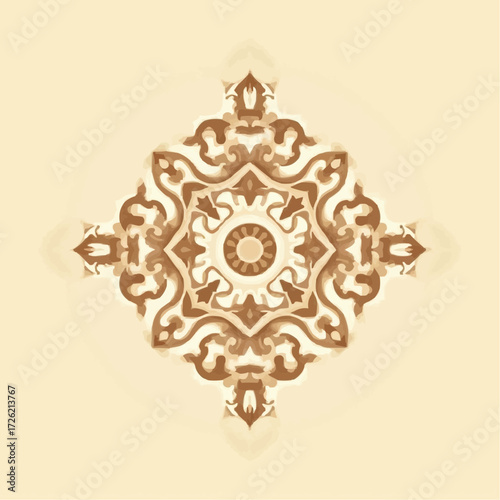 Ornate decorative pattern with intricate details in warm tones and symmetrical design