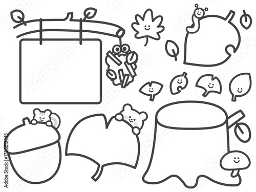 Monochrome autumn cute line drawing frame illustration
