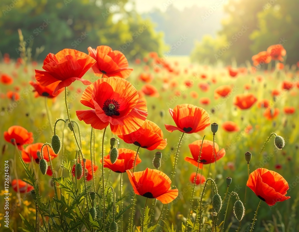 Fototapeta premium Radiant Poppy Field in the Golden Hour