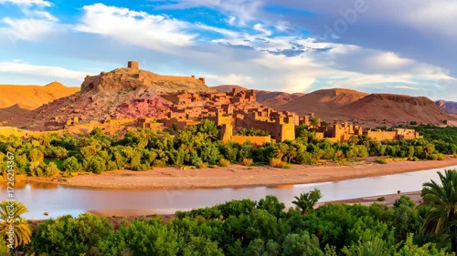 Panoramic view of ancient fortified village with traditional architecture near riverbank, surrounded by lush green oasis and desert landscape under blue sky