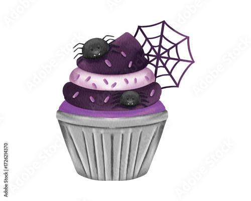 A deliciously spooky Halloween cupcake with purple frosting, creepy spiders, and a web decoration, isolated on a white background