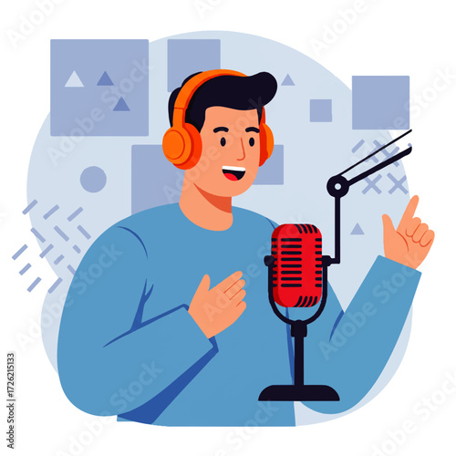 Cartoon illustration of a man with headphones speaking into a red vintage microphone, gesturing with his hand.