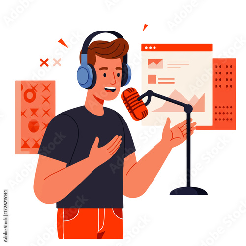 Illustration of a man with headphones speaking into a microphone, with data charts in the background, suggesting podcasting or broadcasting.