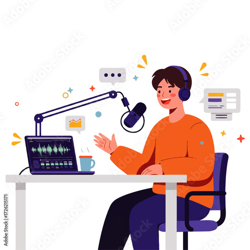 Illustration of a young man recording a podcast with a microphone, laptop showing audio waves, speech bubbles, and a cup of coffee on a white desk.