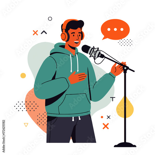 Illustration of a man wearing headphones speaking into a microphone, with abstract shapes in the background.