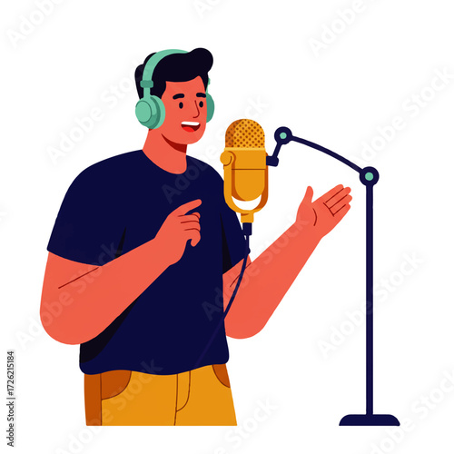 Cartoon illustration of a man speaking into a golden microphone while wearing headphones, likely recording a podcast or broadcast.