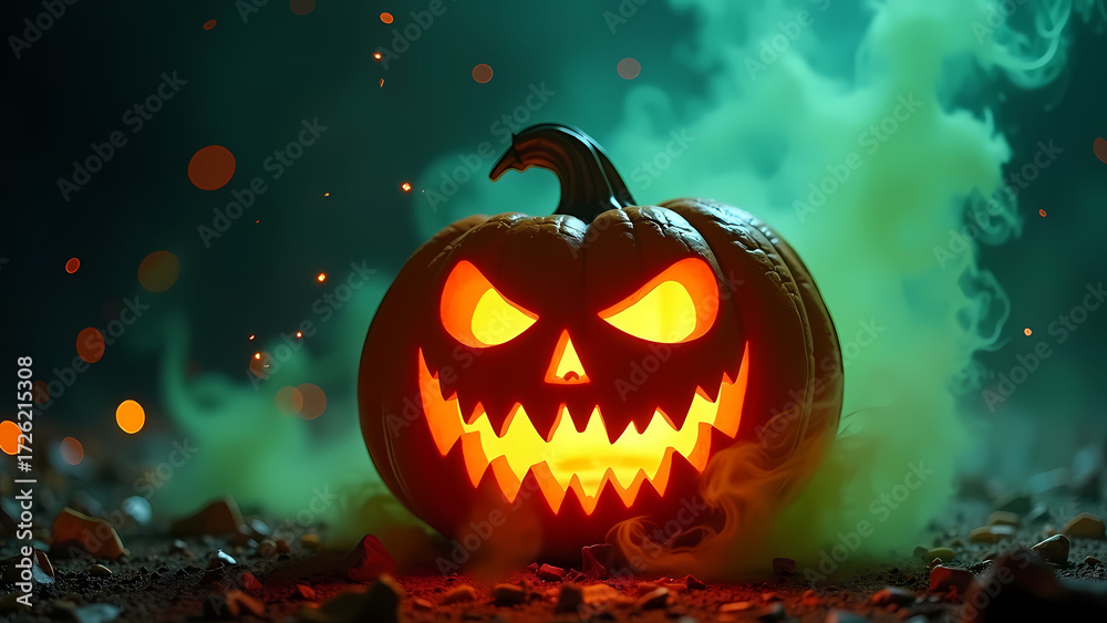Naklejka premium Jack-o'-lantern glows in green fog—surreal, sculptural, and pulsing with menace, ritual, and poetic tension.