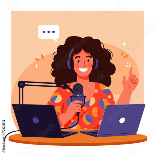 Woman with curly hair recording a podcast in a studio with microphone and two laptops.
