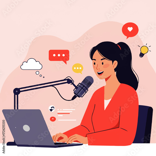 A woman is recording a podcast using a microphone and laptop, surrounded by icons representing thoughts, ideas, and social media engagement.