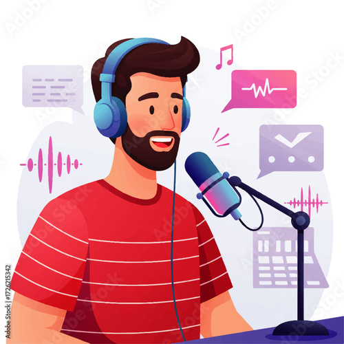 A cartoon illustration of a man with headphones speaking into a microphone, surrounded by sound waves and speech bubbles, suggesting podcasting or broadcasting.