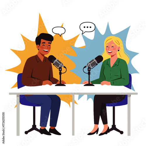 Two people, a man and a woman, are recording a podcast, sitting at a table with microphones and speech bubbles above their heads.