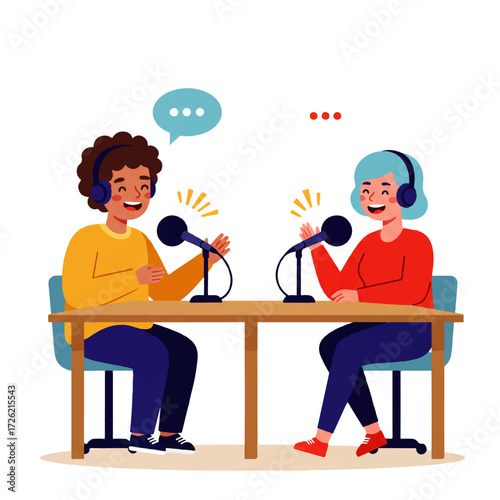 Two people are recording a podcast, sitting at a table with microphones and headphones, smiling and engaged in conversation.