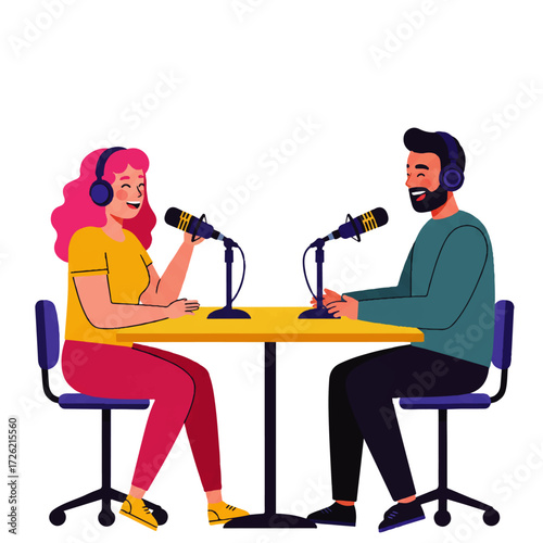 Illustration of a man and woman recording a podcast, sitting at a table with microphones and wearing headphones, smiling and talking.